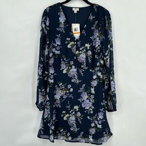 Mason Belle Floral Print Shoft Long Sleeves Dress V Neck Casual Size Small